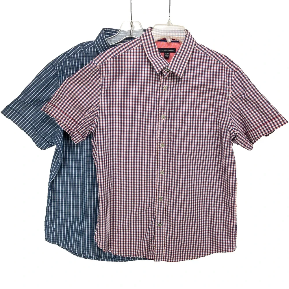 Banana Republic Short Sleeve Button-Up Shirts Men's Large 16 Lot of 2 Check Blue